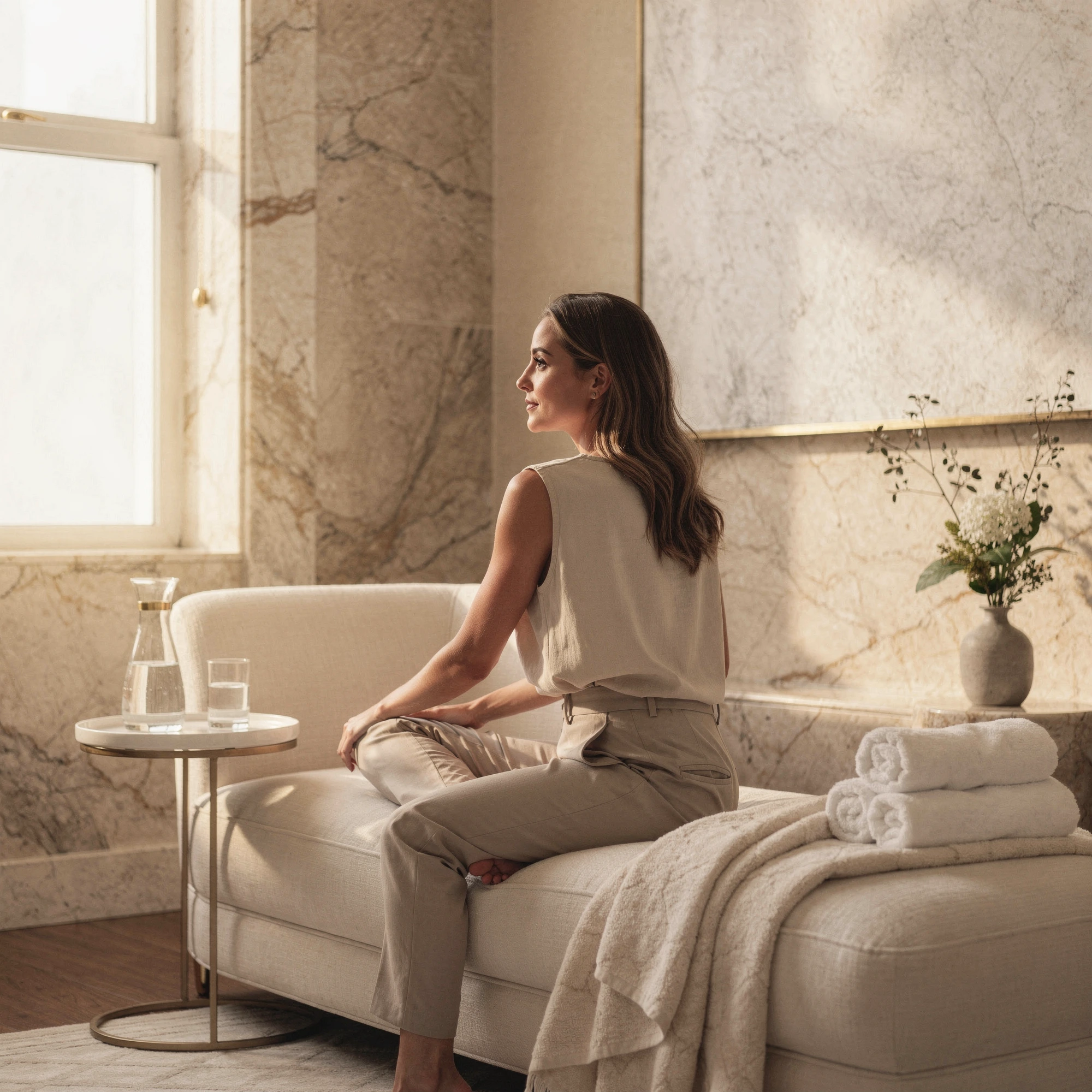 Woman sitting on a cream chair in a spa-like bathroom setting with marble walls and natural light